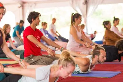 A group of people in a yoga or wellness class performing various assisted poses.